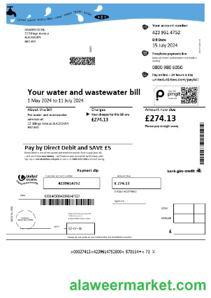 United Kingdom United Utilities water business utility bill template in Word and PDF formats